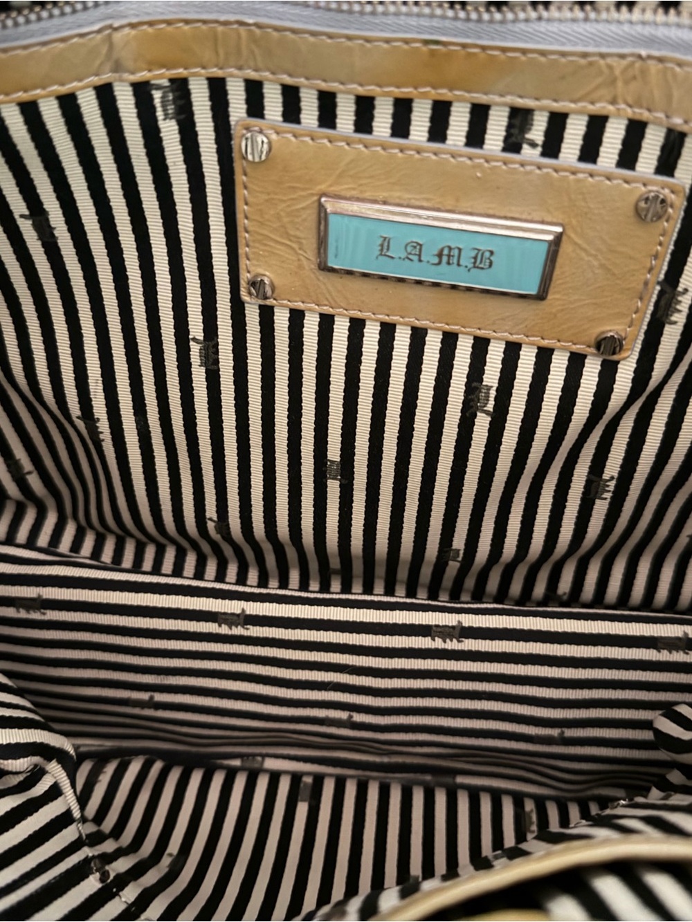 L.A.M.B. Black and White Striped Tote with Tan Trim and Turquoise Logo Plaque